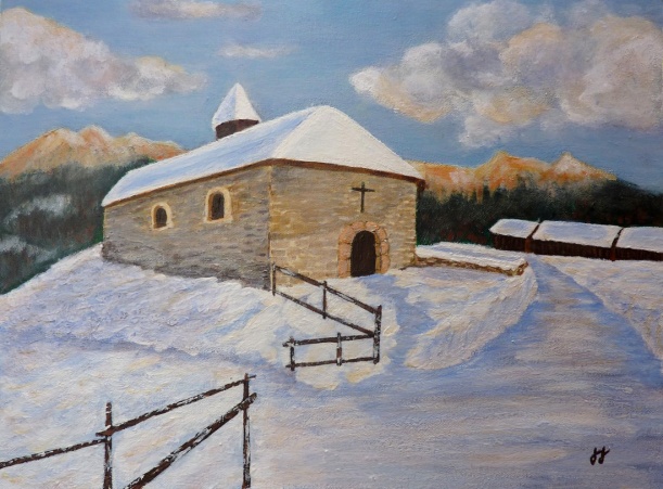 Chapelle en manteau de neige, peinture acrylique