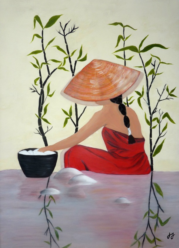 portrait, Femme asiatique bambou, pastel huile
