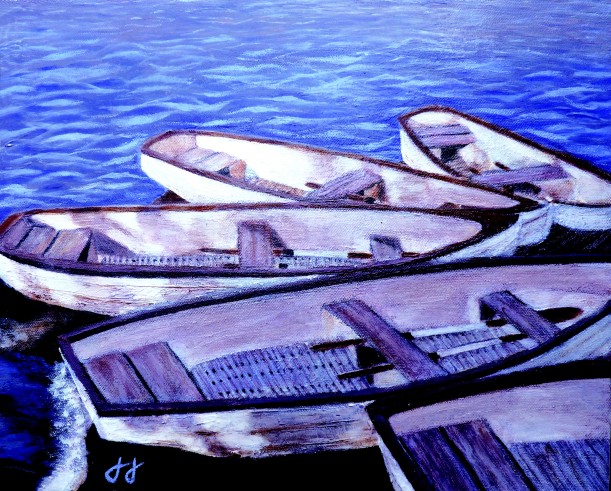 la mer, barques à quai, peinture acrylique