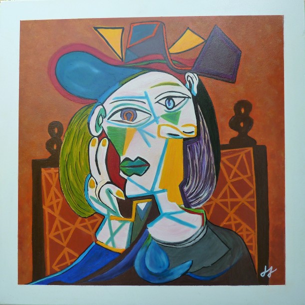 2018 36 femme assise au chapeau de Picasso 60 x 60 huile